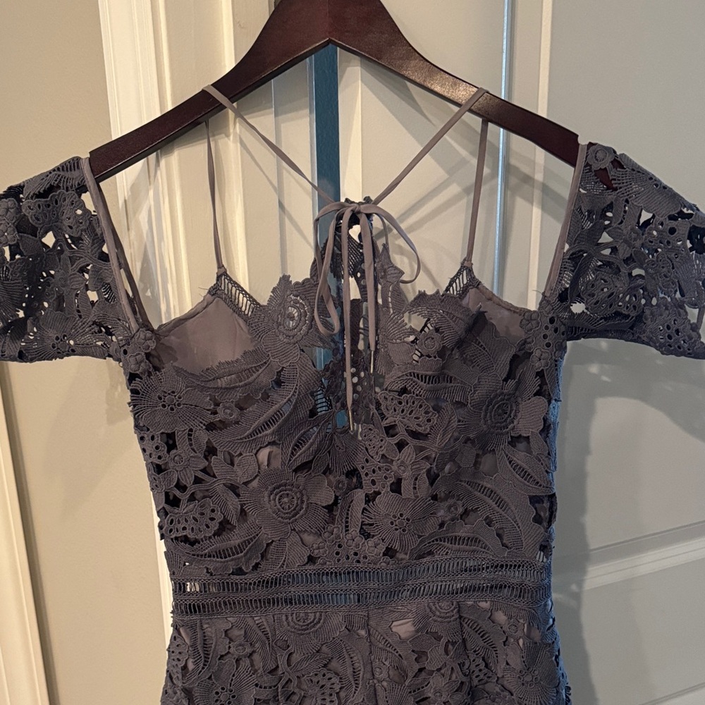 Saylor Mandy Blue Lace Off-Shoulder Romper - Picture 8 of 9